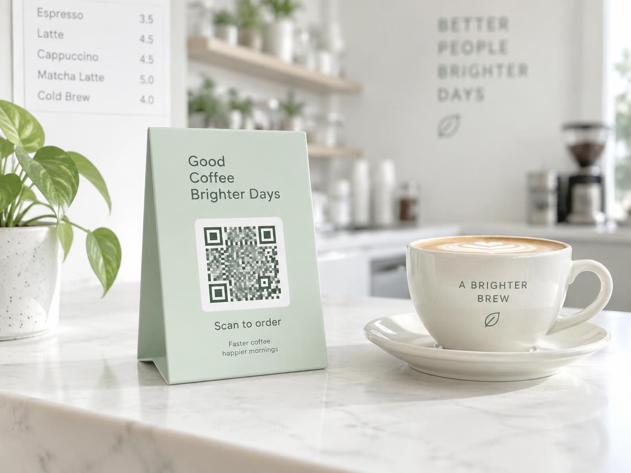 QR loyalty standee on a cafe counter